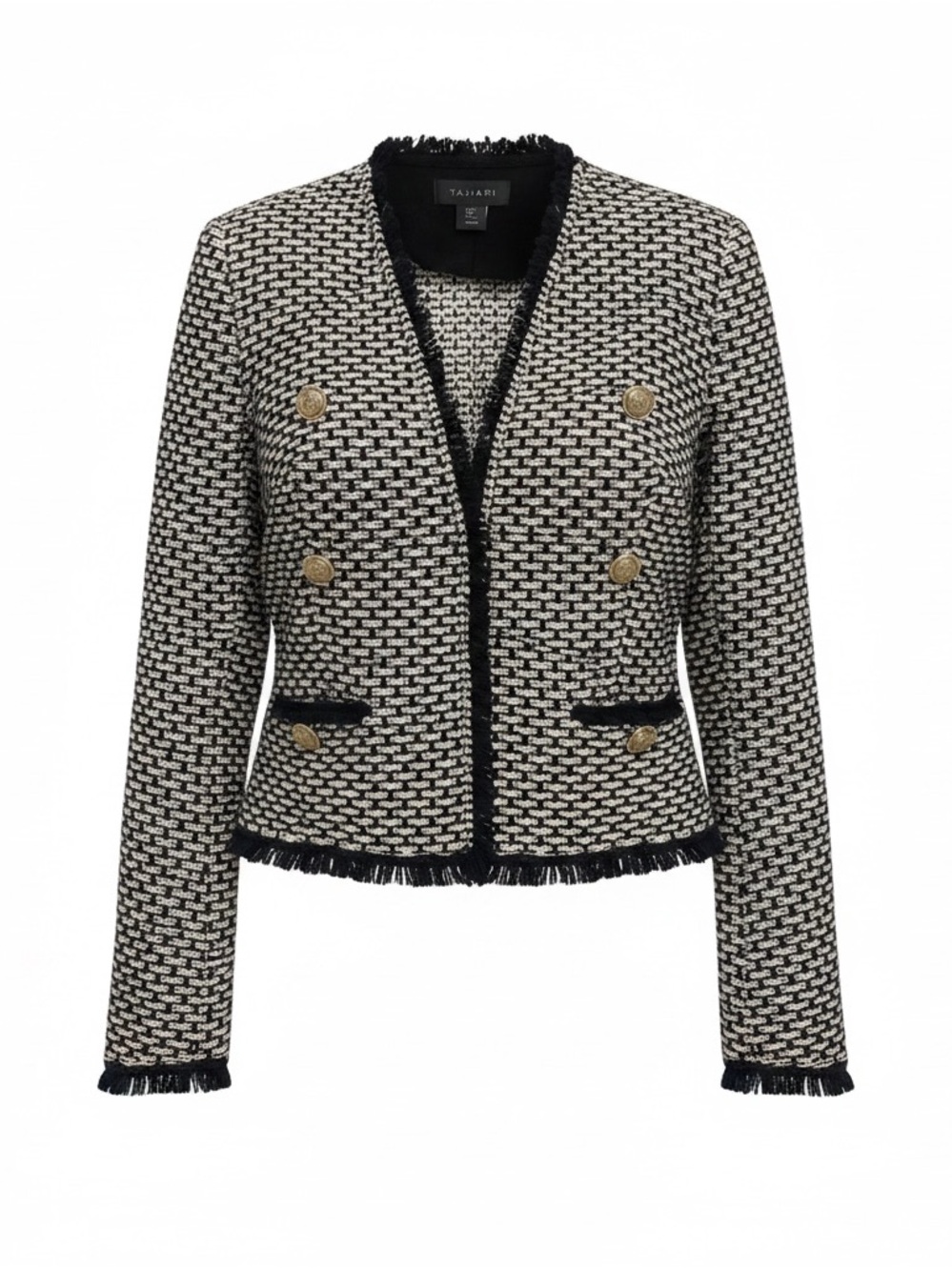 Tahari Black and White Tweed Fringe Double-Breasted Jacket